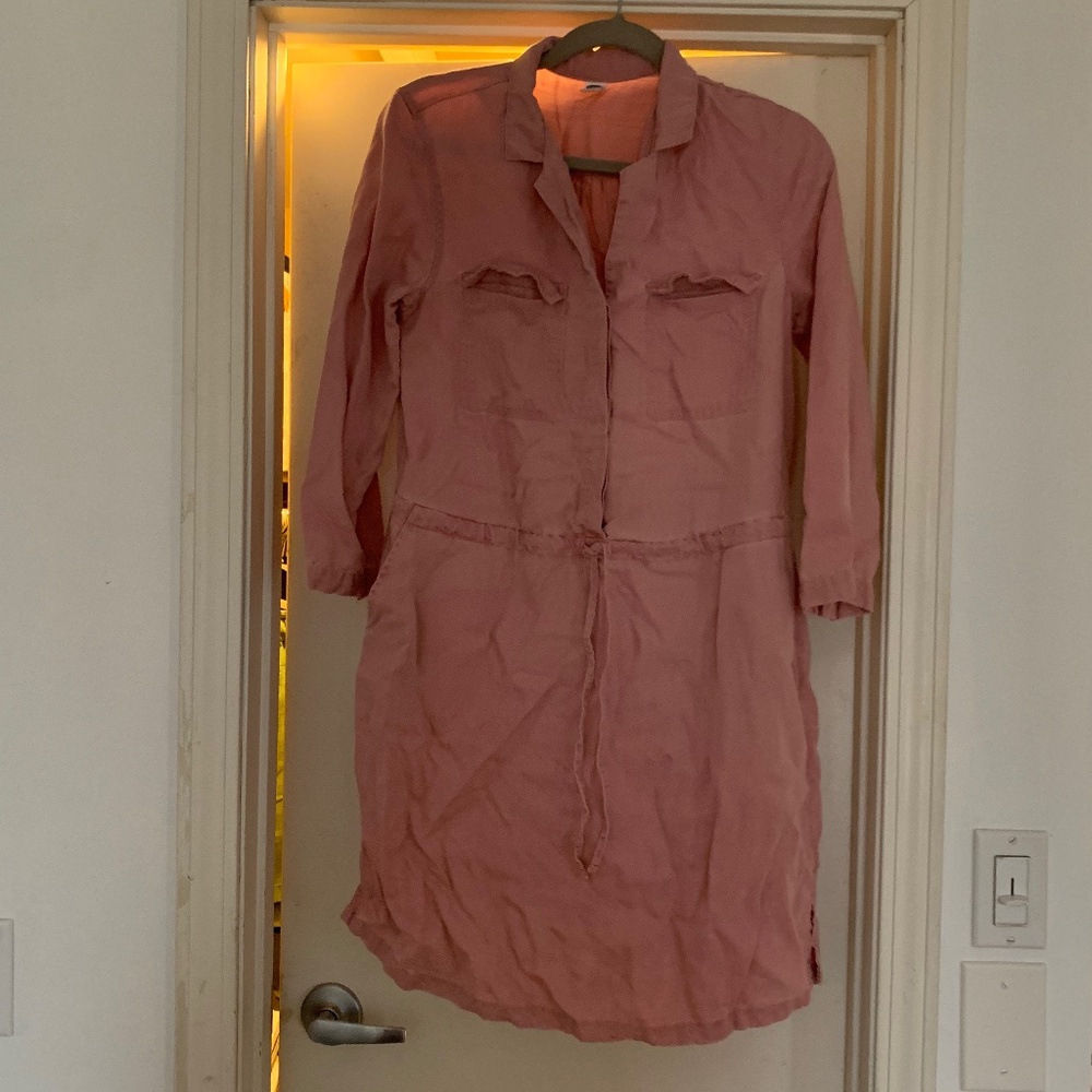 Old Navy Pink Drawstring Cinch Waist Button-up Tencel Dress